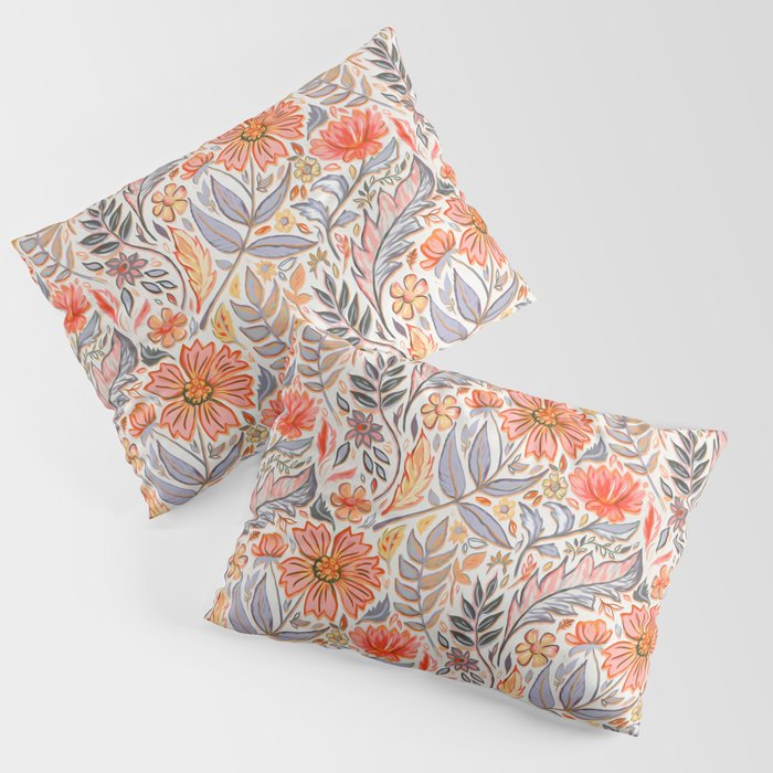 Coral Pink, Red and Lilac Art Nouveau Floral Pillow Sham