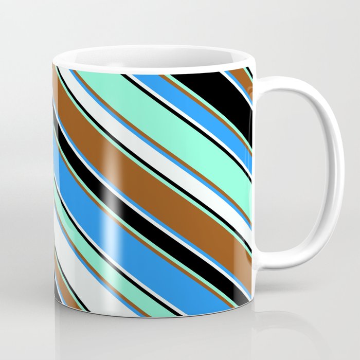 Colorful Brown, Blue, Mint Cream, Black & Aquamarine Colored Striped Pattern Coffee Mug