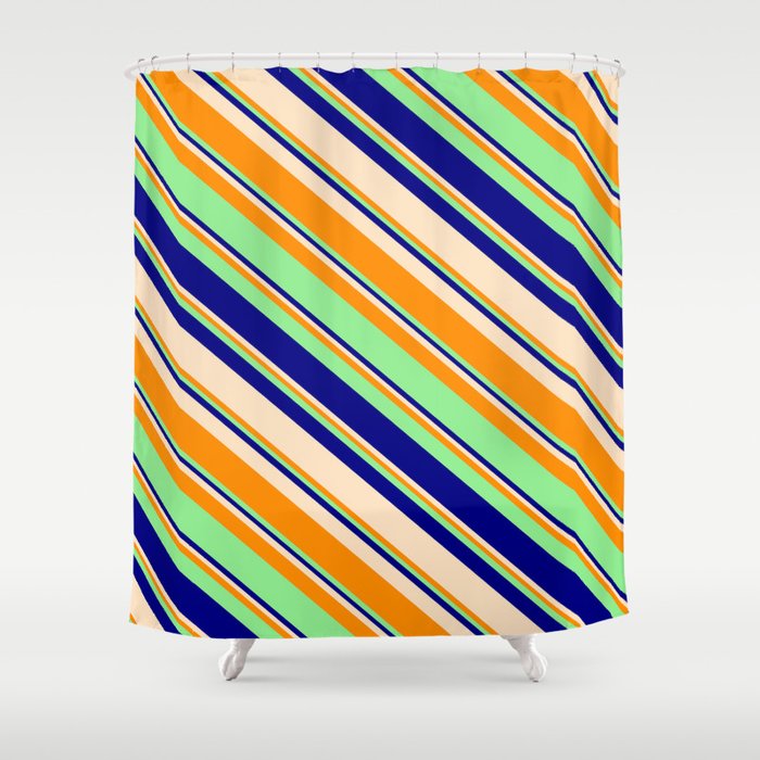 Light Green, Blue, Bisque, and Dark Orange Colored Stripes/Lines Pattern Shower Curtain