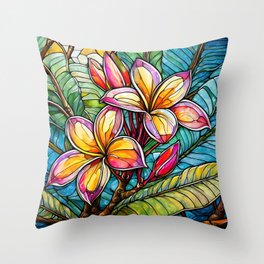 Rainbow Plumeria tropical stain glass art Throw Pillow