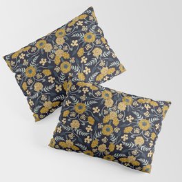 Navy Blue, Turquoise, Cream & Mustard Yellow Dark Floral Pattern Pillow Sham