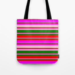 [ Thumbnail: Green, Red, Fuchsia, and Pink Colored Lined/Striped Pattern Tote Bag ]
