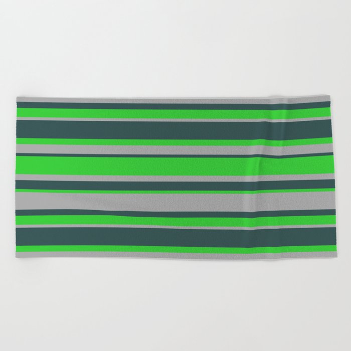Dark Slate Gray, Lime Green & Dark Gray Colored Stripes Pattern Beach Towel