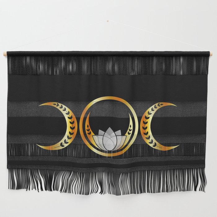 Golden triple moon fertility symbol with moons lotus and vines Wall Hanging