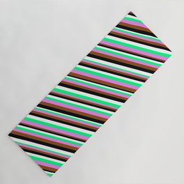 [ Thumbnail: Colorful Green, Violet, Brown, Black & White Colored Stripes Pattern Yoga Mat ]