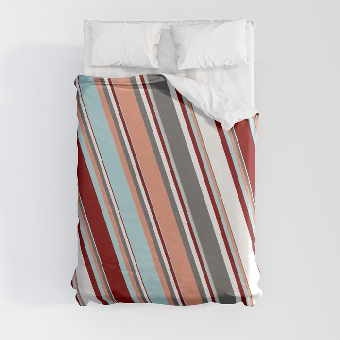Colorful Dim Grey, Dark Salmon, Powder Blue, Maroon & White Colored Pattern of Stripes Duvet Cover
