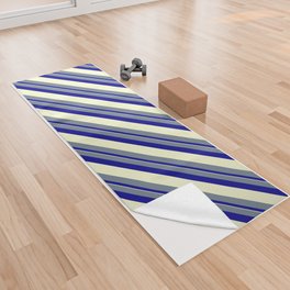 [ Thumbnail: Slate Gray, Dark Blue & Light Yellow Colored Lined Pattern Yoga Towel ]