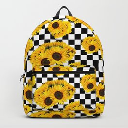 Yellow Sunflower Floral with Black and White Checkered Summer Print Backpack