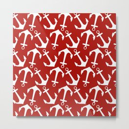 Maritime Nautical Red and White Anchor Pattern - Anchors Metal Print