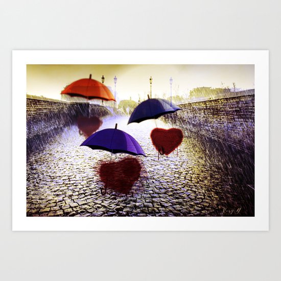 Three Lonely Hearts In the Rain Art Print