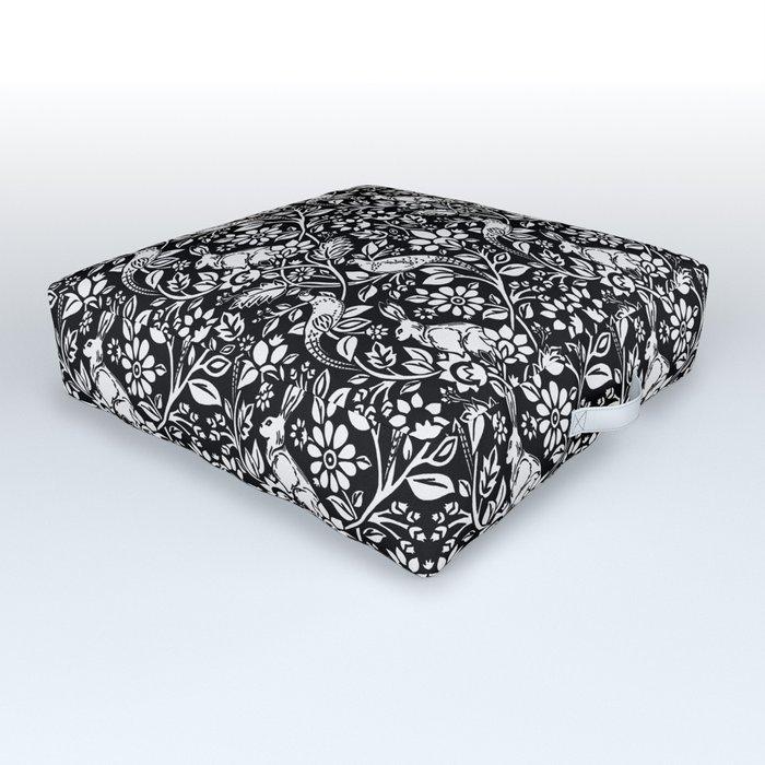 Pheasant and Hare Pattern, Black and White Outdoor Floor Cushion
