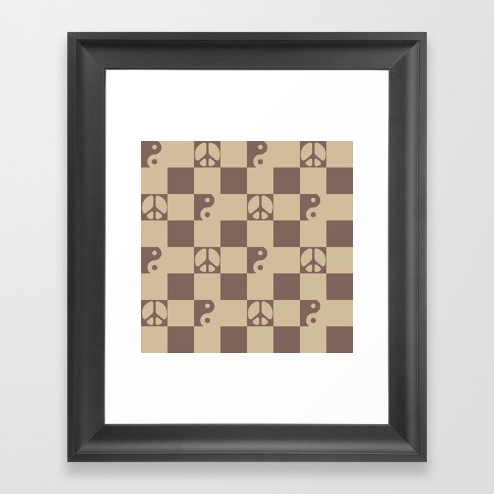 Checkered Peace Symbol & Yin Yang Pattern \\ Cocoa Mocha Color Palette Framed Art Print