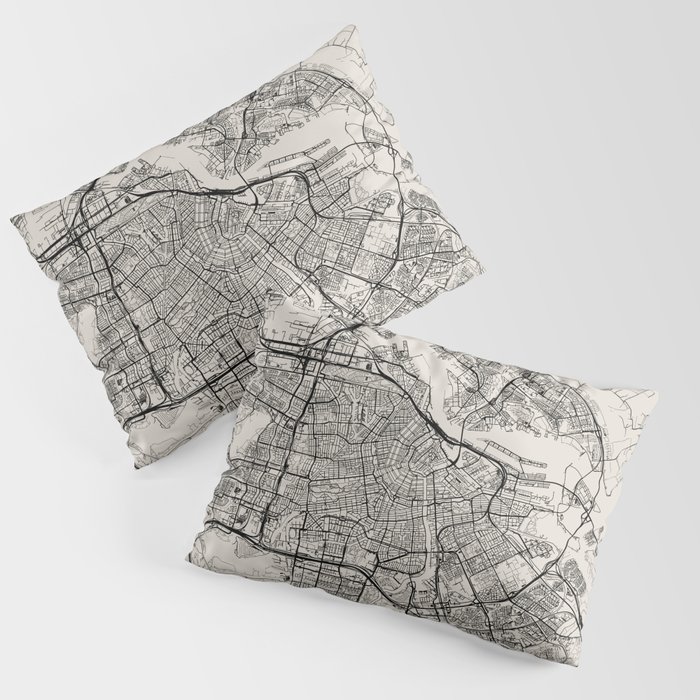 Amsterdam, Netherlands - City Map, Black and White Aesthetic Pillow Sham