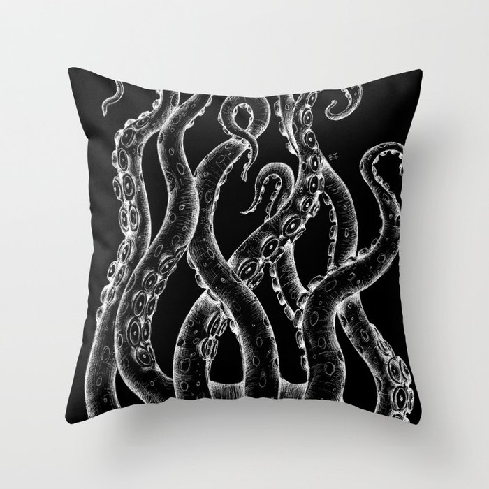 Funky White Tentacles Octopus Ink on Black Throw Pillow