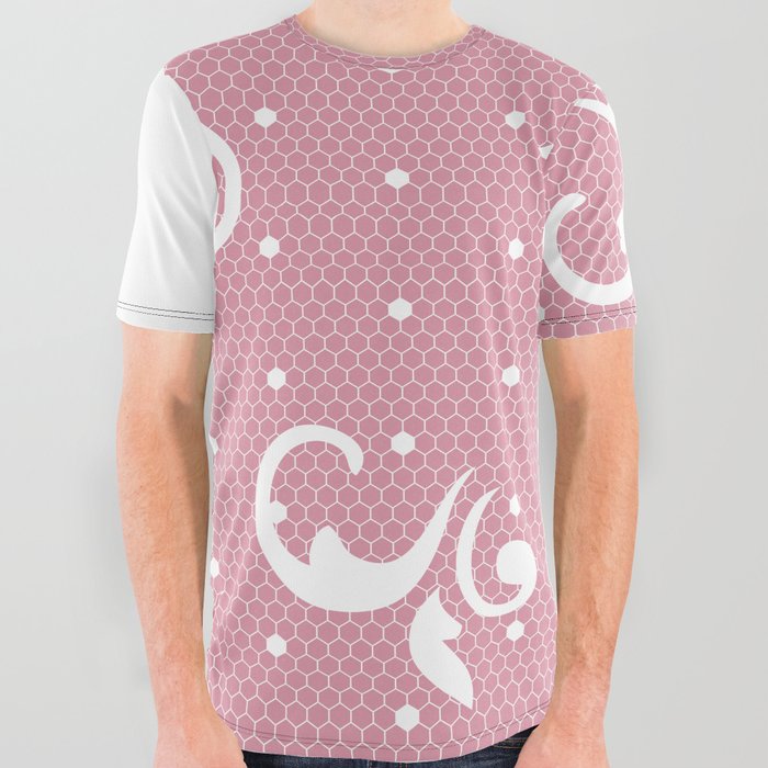 White Floral Curls Lace Vertical Split on Blush Pink All Over Graphic Tee