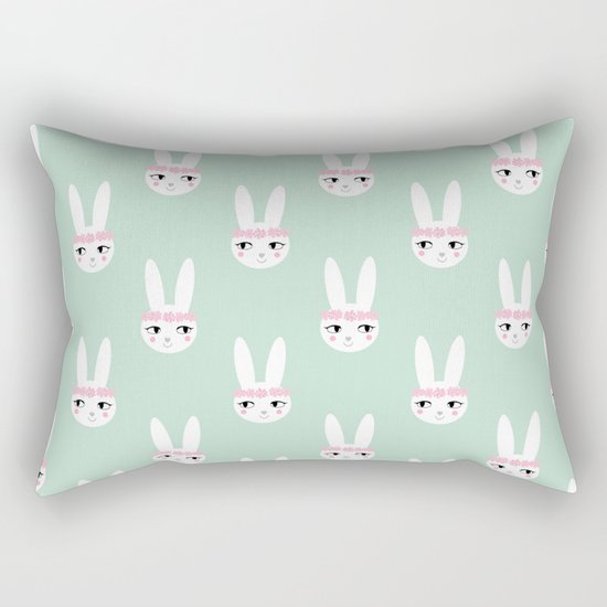 Bunny Rabbit mint spring cute character illustration nursery kids minimal floral crown Rectangular Pillow