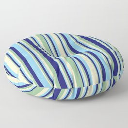 [ Thumbnail: Bisque, Dark Sea Green, Midnight Blue, and Sky Blue Colored Stripes Pattern Floor Pillow ]