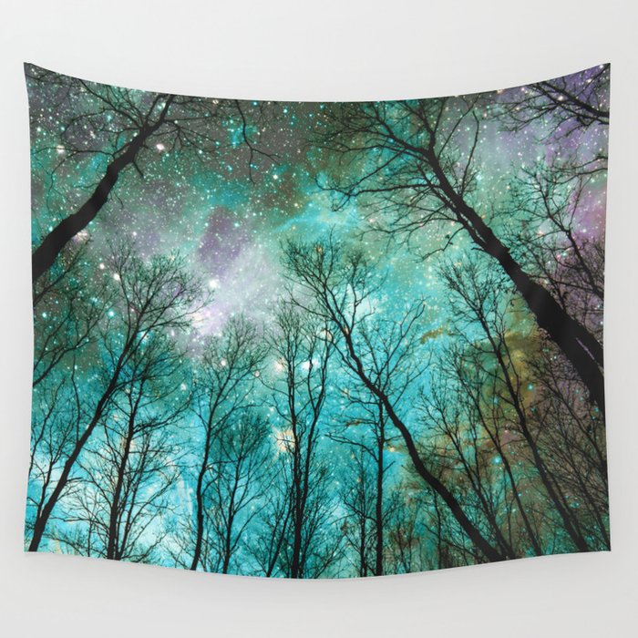 Black Trees Mint Blue Mauve Space Wall Tapestry
