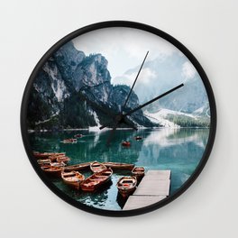 Blue Lake Braies Italy Perfect Nature View \ Mountain Foggy Sunrise Beautiful Backpacking Landscape Wall Clock