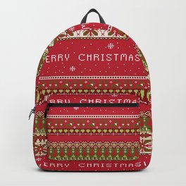 Traditional Merry Christmas Festive Print - Red / Green / White - Stitching / Ugly Sweater / Jumper Backpack | Christmasmasks, Merrychristmas, Uglyjumper, Stitching, Graphicdesign, Festive, Winter, Red, Xmas, Green 