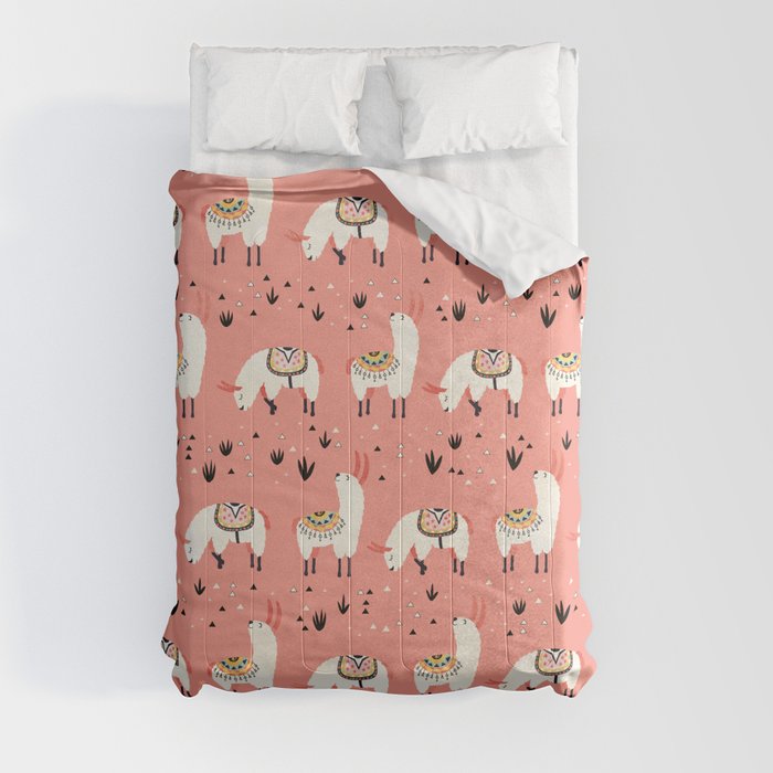 White Llamas in a pink desert Comforter