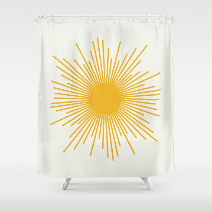 Mustard Yellow Retro Sun on Off White Shower Curtain