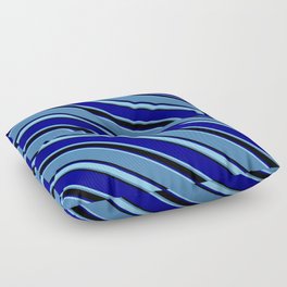 [ Thumbnail: Blue, Black, Dark Blue & Sky Blue Colored Pattern of Stripes Floor Pillow ]