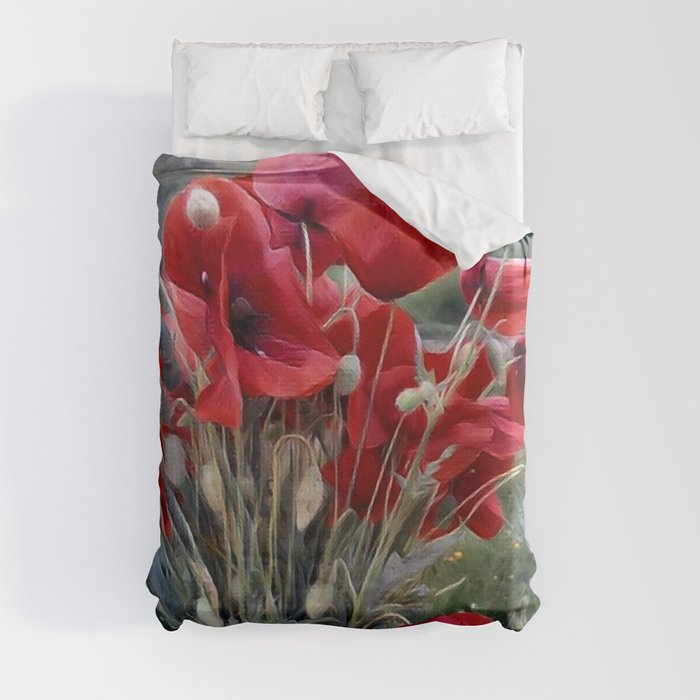 Surreal red poppy bouquet in woman hand remembrance flowers Duvet Cover