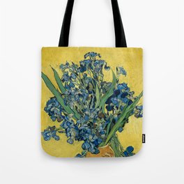 Still Life: Vase with Irises Against a Yellow Background Tote Bag