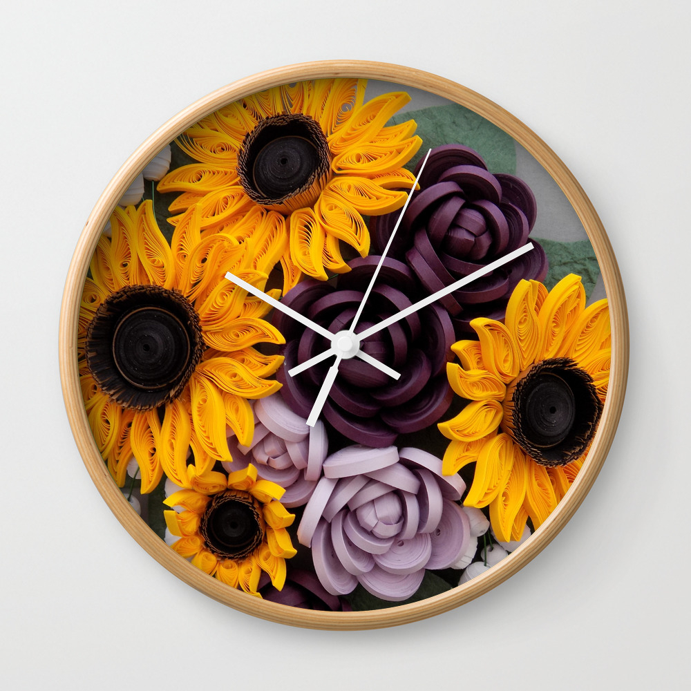 Sunflowers Roses Paper Quilled Flowers Wall Clock By