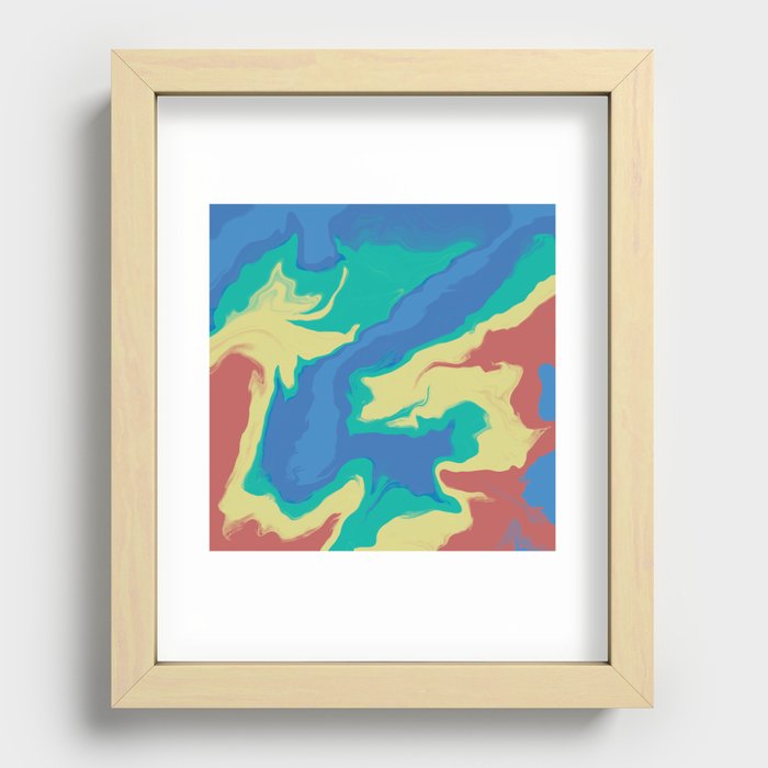 Abstract contemporary fluid marble pattern with blue, green, yellow and red Recessed Framed Print