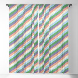 [ Thumbnail: Coral, Light Yellow, Light Sky Blue, Green & Dark Slate Blue Colored Lined/Striped Pattern Sheer Curtain ]