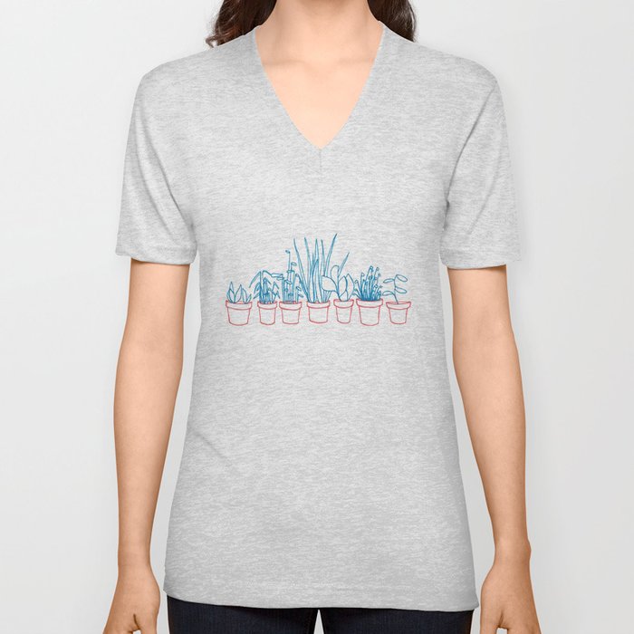 Teal Plants in Red Pots V Neck T Shirt