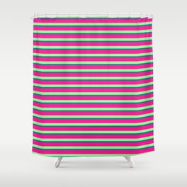 [ Thumbnail: Green, Teal, and Deep Pink Colored Stripes Pattern Shower Curtain ]