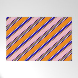 [ Thumbnail: Pink, Blue, Dark Orange, and Dim Gray Colored Pattern of Stripes Welcome Mat ]