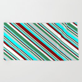 [ Thumbnail: Eyecatching Sea Green, Light Grey, Cyan, Dark Red, and White Colored Lines Pattern Beach Towel ]