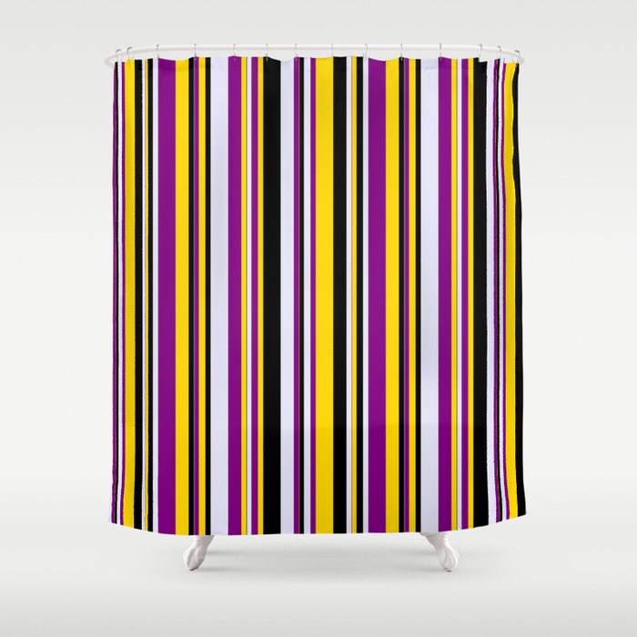 Yellow, Purple, Lavender & Black Colored Striped/Lined Pattern Shower Curtain