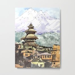 Nepal Temple Bhaktapur Kathmandu Metal Print | Backpacking, Watercolor, Nepal, Landscapepainting, Bhaktapur, Snowcapedmountains, Himalayanvillage, Originalwatercolor, Nepalesetemple, Nepali 