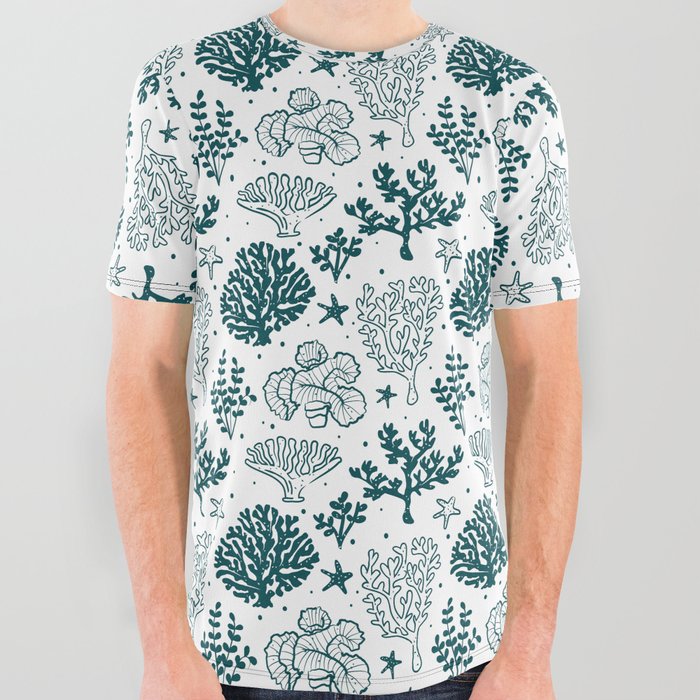 Teal Blue Coral Silhouette Pattern All Over Graphic Tee