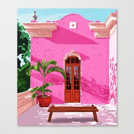 Pink Building Architecture | Pop Art Travel House Painting | Modern Bohemian Décor Spain Palace Canvas Print