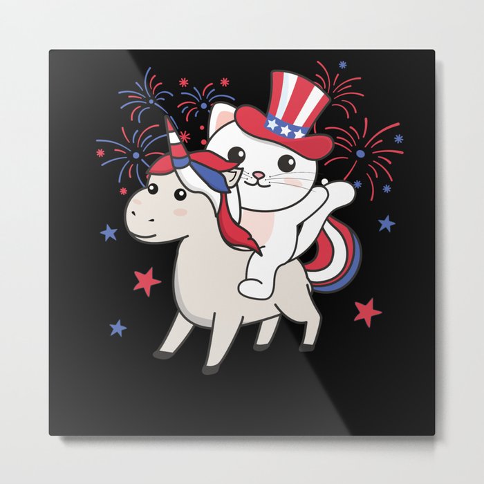 Cat With Unicorn For Fourth Of July Fireworks Metal Print