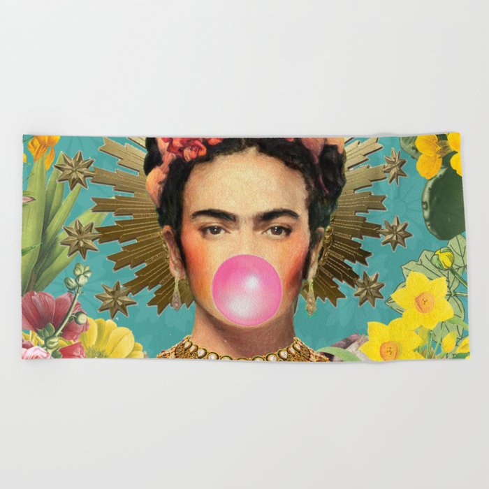Frida Kahlo Crown & Bubble Gum Beach Towel