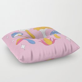 Retro mushrooms and smiles and sparkles. Pink background. Floor Pillow