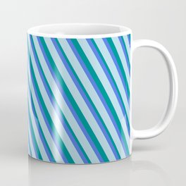[ Thumbnail: Light Blue, Teal, and Royal Blue Colored Lined Pattern Coffee Mug ]