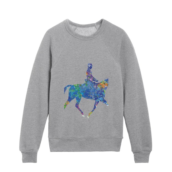 Equestrian sports, horse jumping, jumping, horse with rider jumping in watercolor 07 Kids Crewneck