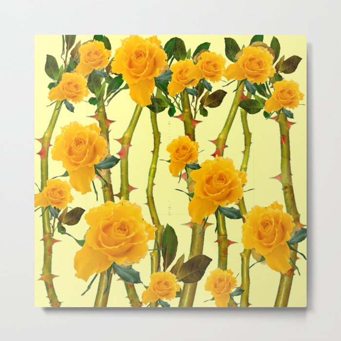 GOLDEN ROSES & THORNY CANES ON  YELLOW Metal Print