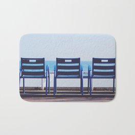 Blue chairs of Nice, French Riviera | Promenade des Anglais  Bath Mat | Europe, Digital, France, Nice, Mediterranean, English, Color, Promenade, Metal, Sea 