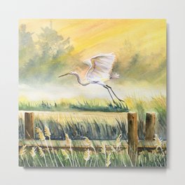 Egret Flying Over Marsh  Metal Print | Whiteheron, Landscape, Spring, Art, Southern, Marsh, Yellow, Bird, Florida, Heron 