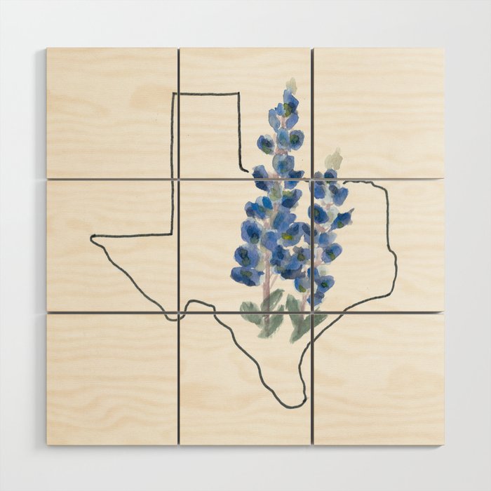 Texas Watercolor Bluebonnet State Flower Map Wood Wall Art By