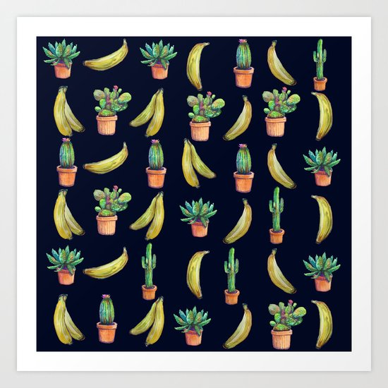 Cactus & Bananas at night Art Print